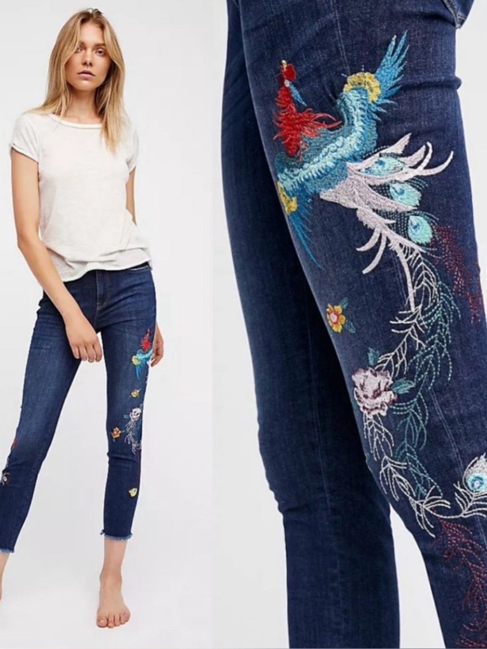 Free People Embroidered Bird Raw Hem Skinny Jeans Sz 25
